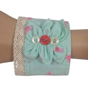 Handcrafted Re-Purposed Mint Green & Pink Flamingo Boho Shirt Cuff Bracelet